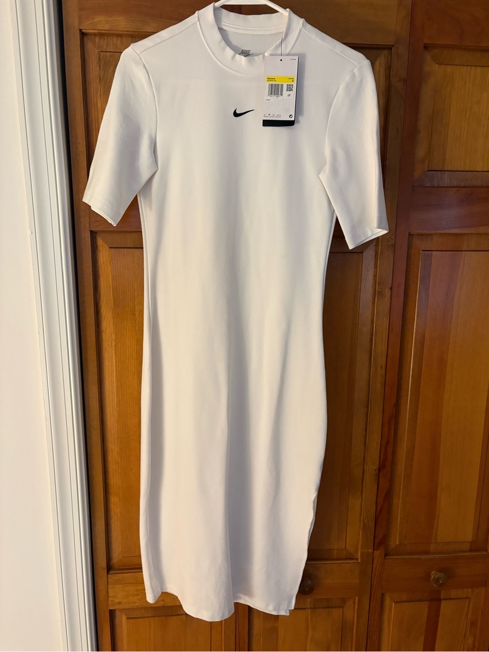 Nike White Crewneck Short-Sleeve Midi Dress with Black Swoosh